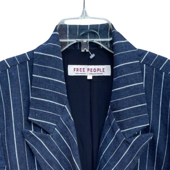 NEW! Free People Ashby Blazer Linen Navy Double-Breasted Pinstripe Size Large. - Picture 4 of 9